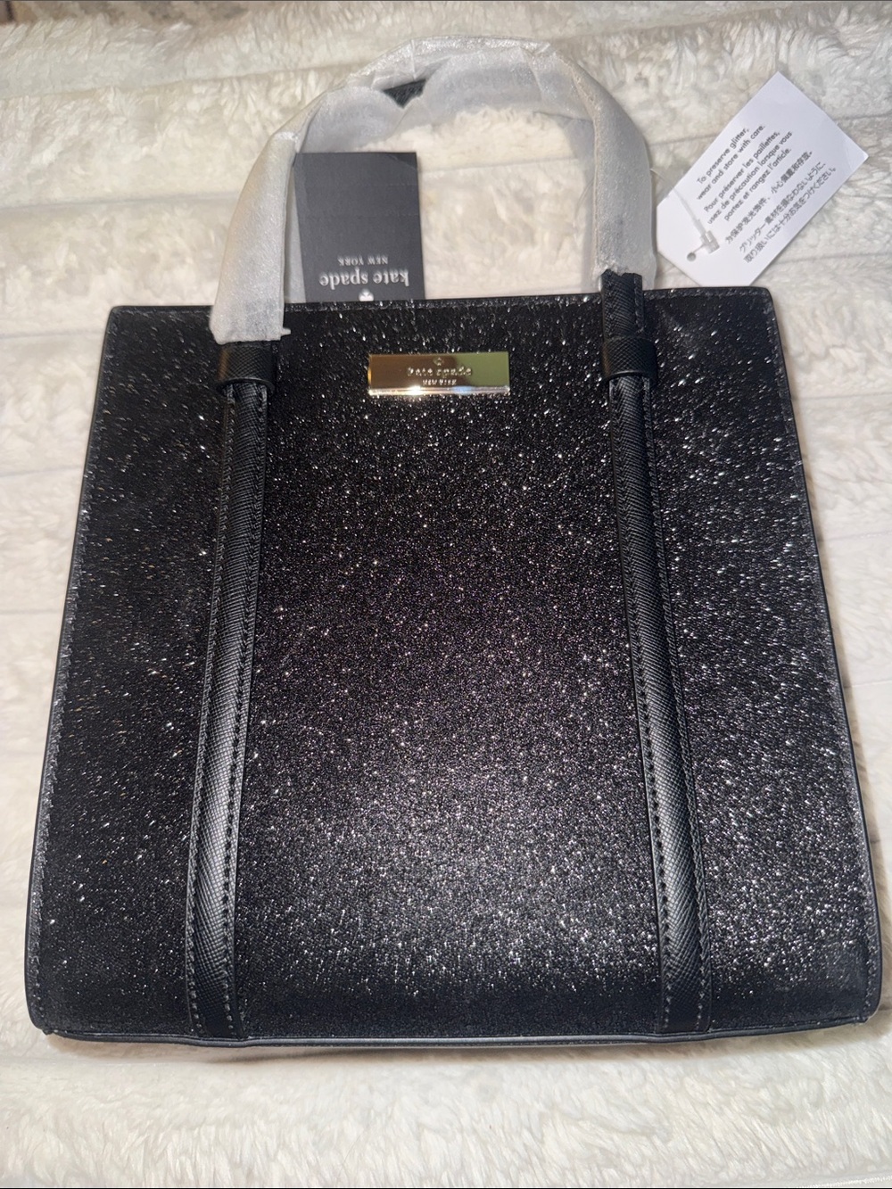 kate spade Black Sparkle Tote with Gold Plaque